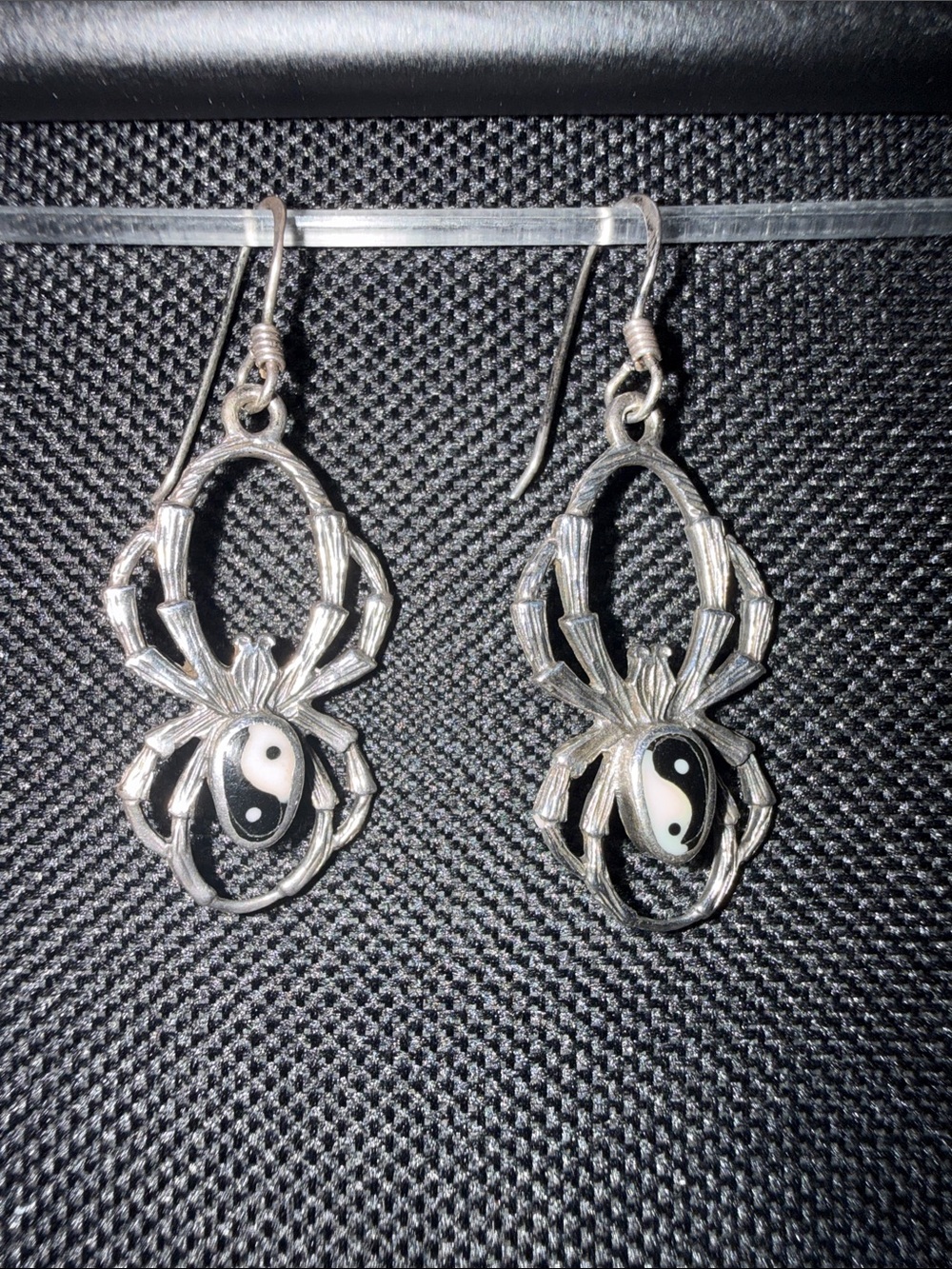 Sterling Silver Spider Yin Yang Drop Earrings - Black & White